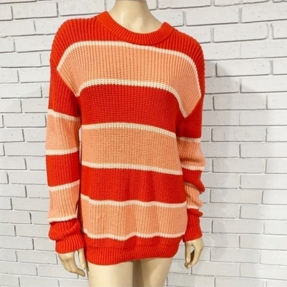 Saks Wythe NY Wide Striped Orange Coral Crew Neck Chunky Cozy Sweater Sz Medium - Picture 1 of 10